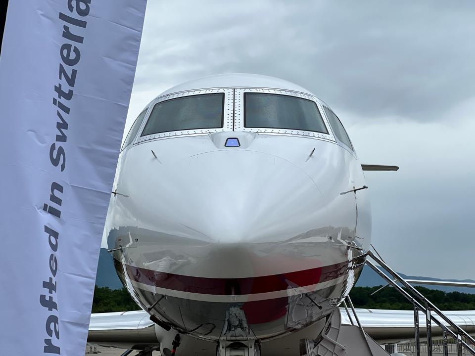 A close up of the enhanced flight vision system on the nose of a Gulfstream G700