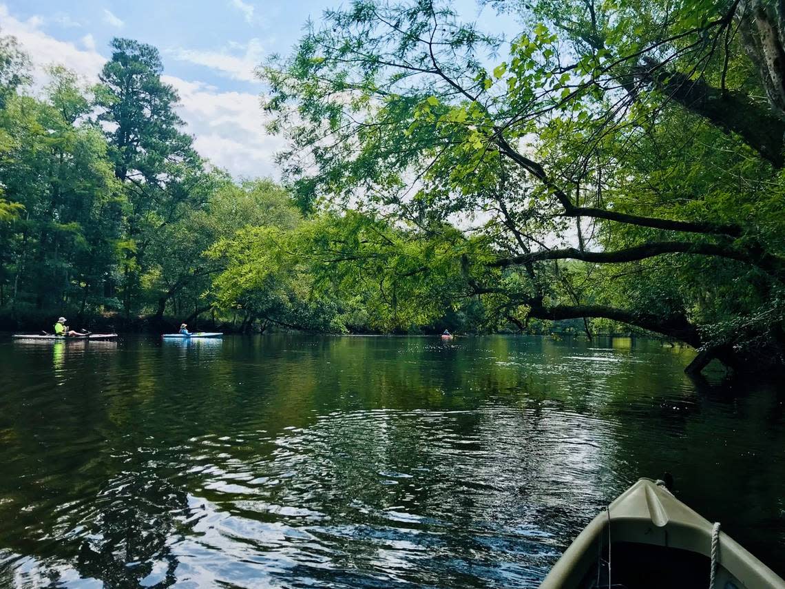 Kayakers Larry Easler of Spartanburg, Alan Russell of Simpsonville and Tom Taylor of Greenville paddle lazily along the Edisto River near Colleton State Park. The Edisto is just an hour from the Beaufort area and is highly accessible to boaters and paddlers of all skill and all ages.