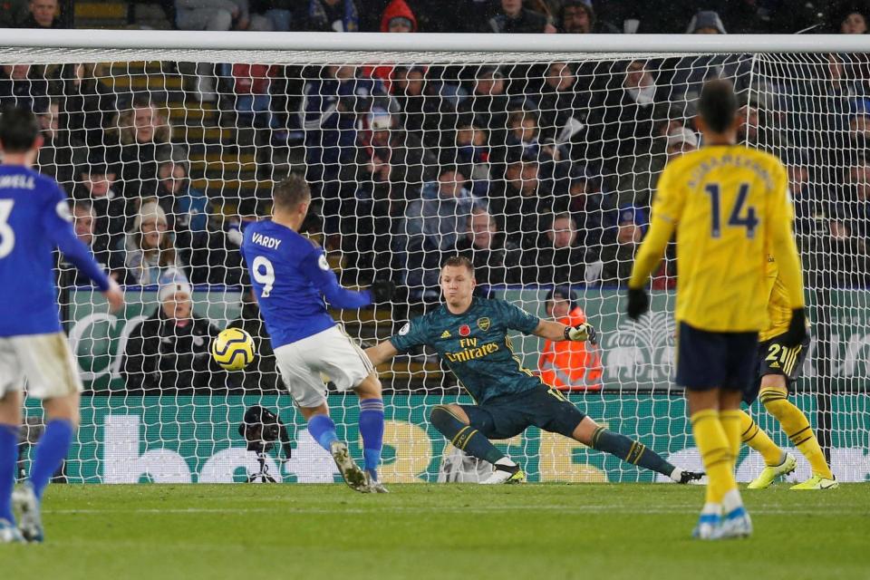 Jamie Vardy scored his ninth goal in nine appearances against Arsenal Photo: Reuters