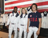 Athletes Daryl Homer (Fencing), from left, Jordyn Barratt (Skateboard) and Heimana Reynolds (Skateboard) participate in the Team USA Tokyo Olympic closing ceremony uniform unveiling at the Ralph Lauren SoHo Store on April 13, 2021, in New York. Ralph Lauren is an official outfitter of the 2021 U.S. Olympic Team. (Photo by Evan Agostini/Invision/AP)