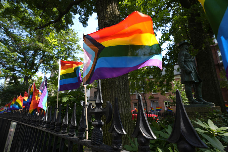 Pride flags flutter in the wind at the Stonewall National Monument, Monday, June 17, 2024, in New York. (AP Photo/Pamela Smith)