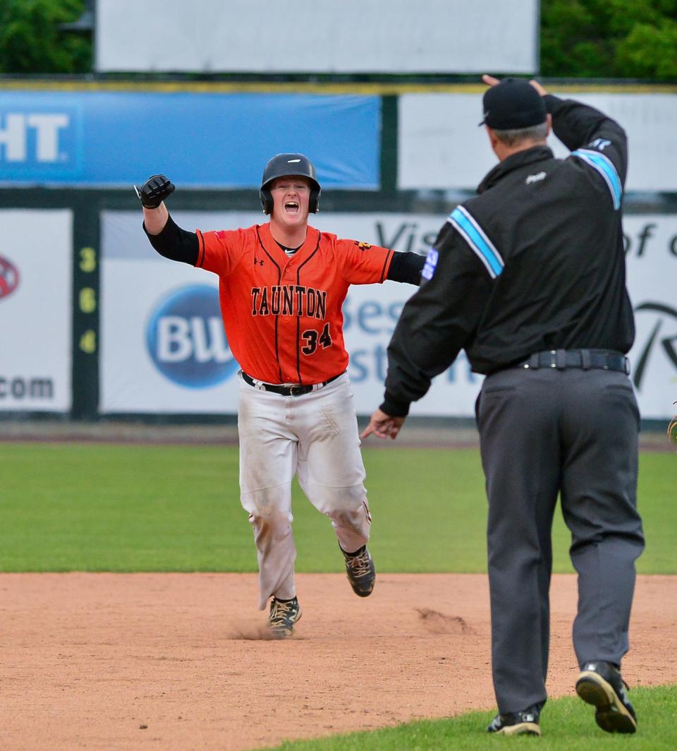 Ryan MacDougall celebrates after the umpire signals a home run during Saturday’s Division 1 State Championship against Franklin.