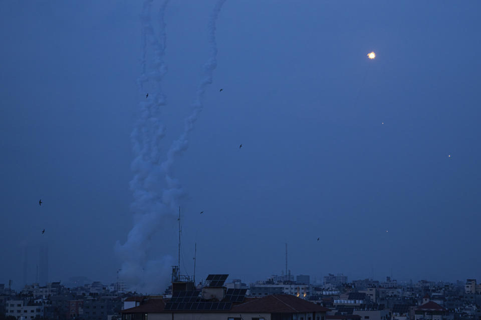 Rockets are launched from the Gaza Strip towards Israel, in Gaza, Wednesday, May 10, 2023. (AP Photo/Fatima Shbair)