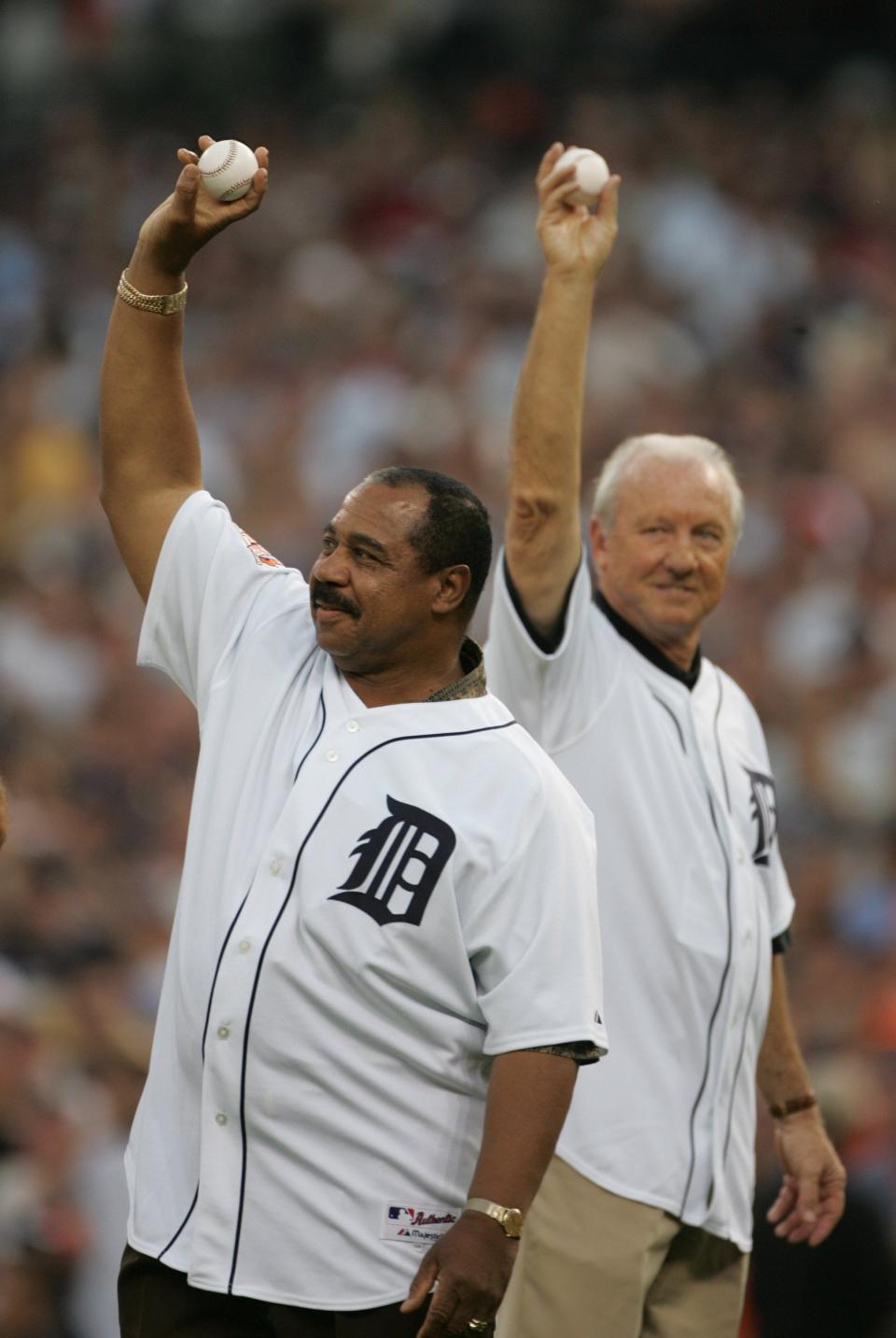 Hall of Famer Al Kaline and Tiger great, Willie Horton hold the balls for the First pitch ceremony prior to  the start of the 2005 All-Star game, Tuesday, July 12, 2005 at Comerica Park.