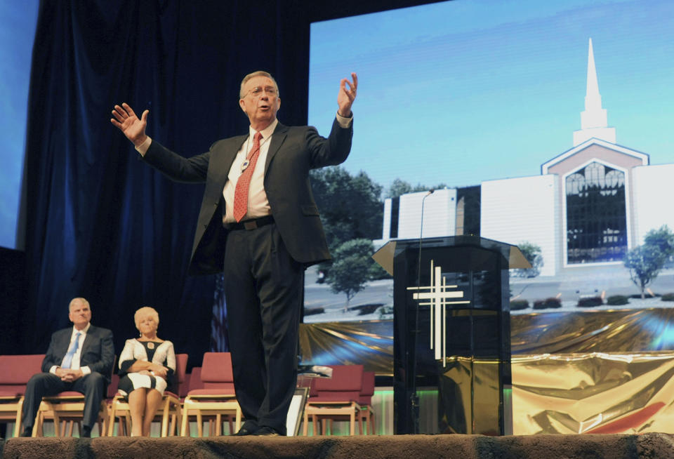 In this May 5, 2019 photo, Rev. Jerry Prevo gives a sermon before retiring as pastor of Anchorage Baptist Temple after more than 47 years of service. In Aug. 2020, the board of Liberty University chose Prevo to serve as interim leader after Jerry Falwell Jr. began a leave of absence.