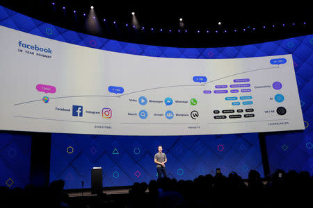 Facebook Founder and CEO Mark Zuckerberg speaks on stage during the annual Facebook F8 developers conference in San Jose, California, U.S., April 18, 2017. REUTERS/Stephen Lam