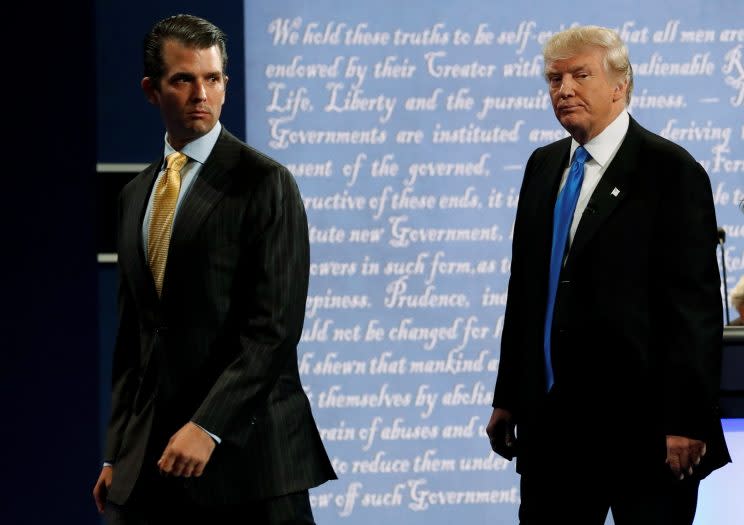 Donald Trump Jr. walks off stage with his father, Republican presidential nominee Donald Trump, after Trump's debate against Democratic nominee Hillary Clinton at Hofstra University in Hempstead, N.Y., on Sept. 26, 2016. (Photo: Brian Snyder/Reuters)