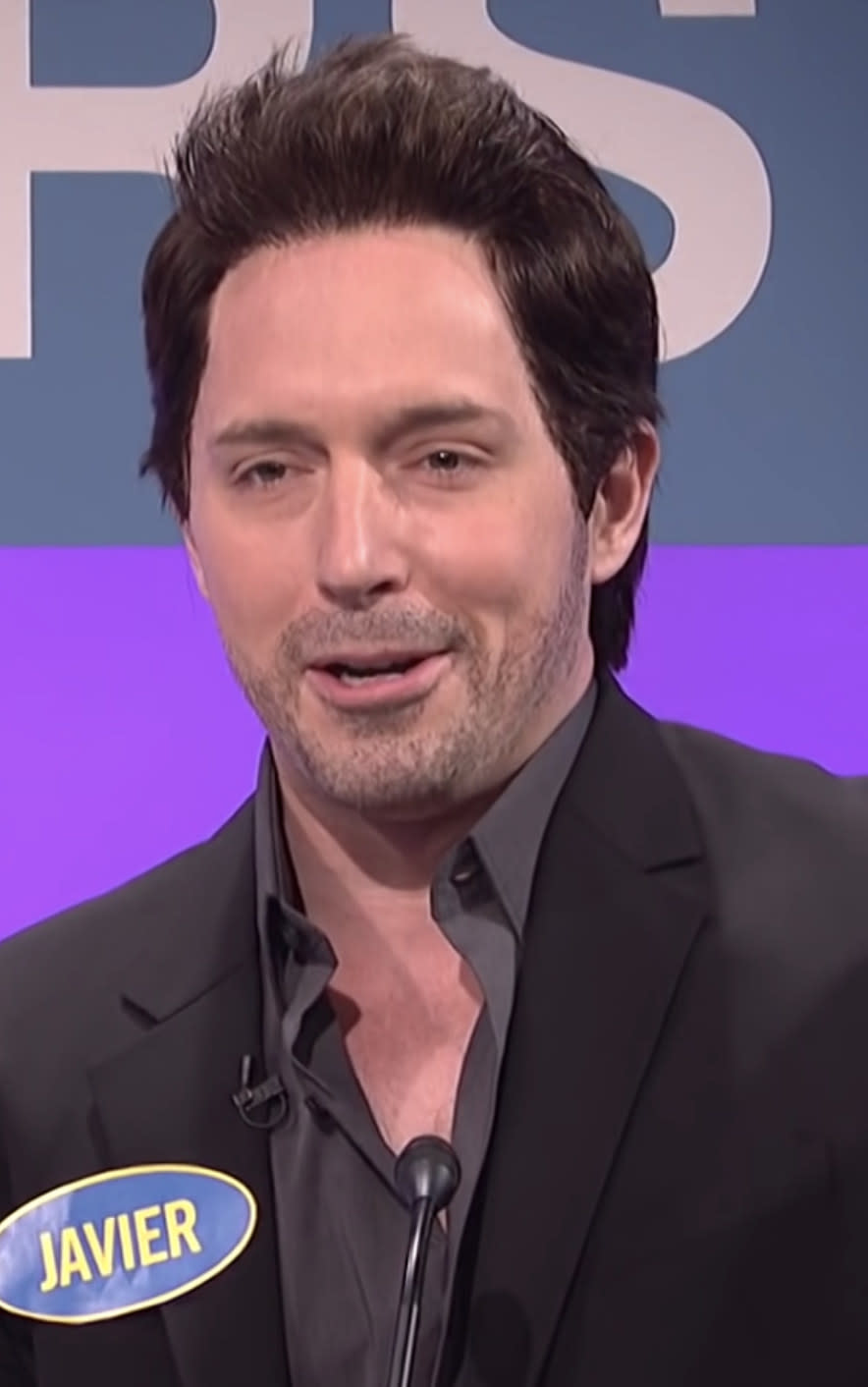 Bennett impersonating Bardem during a "Celebrity Family Feud" sketch