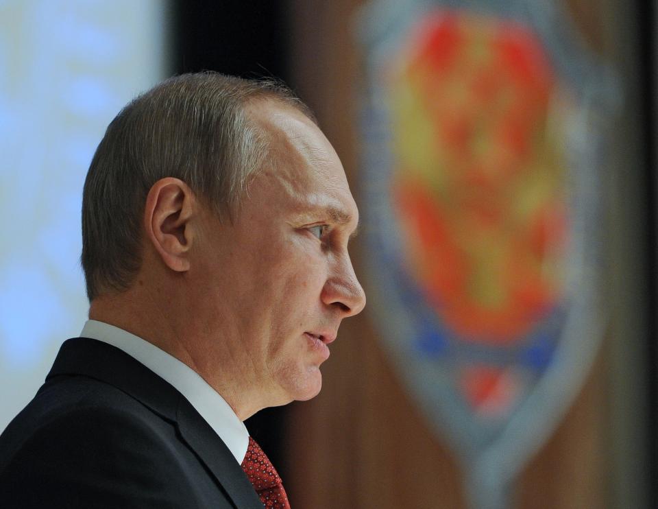 Russian President Vladimir Putin addresses employees of Federal Security Service ( FSB, Soviet KGB successor ) in Moscow on Monday, April 7, 2014. (AP Photo/RIA Novosti Kremlin, Mikhail Klimentyev, Presidential Press Service)