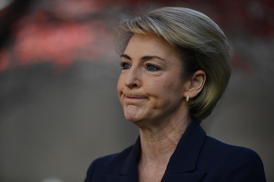 CANBERRA, AUSTRALIA - MAY 14: Senator Michaelia Cash during a press conference in the Senate Courtyard at Parliament House on May 14, 2020 in Canberra, Australia. Today is final day of a special parliamentary sitting, after parliament was adjourned due to the COVID-19 outbreak. Parliament is set to resume in August 2020.  (Photo by Sam Mooy/Getty Images)