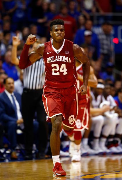 Oklahoma's Buddy Hield reacts to a made basket late in the first half against Kansas on Monday. (Getty)