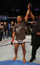 Benson Henderson reacts after defeating Frankie Edgar during their lightweight championship bout at UFC 150 inside Pepsi Center on August 11, 2012 in Denver, Colorado. (Photo by Nick Laham/Zuffa LLC/Zuffa LLC via Getty Images)