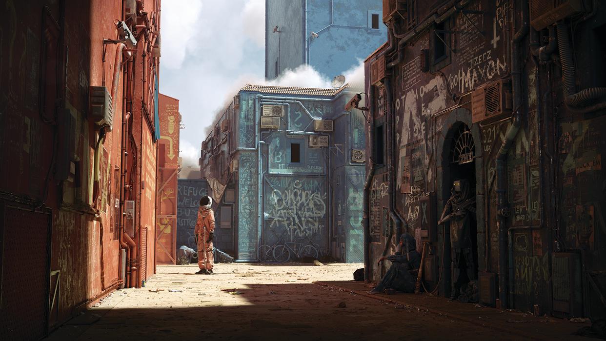  The art of Cornelius  Dämmrich; an astronaut stands in a sunny alley. 