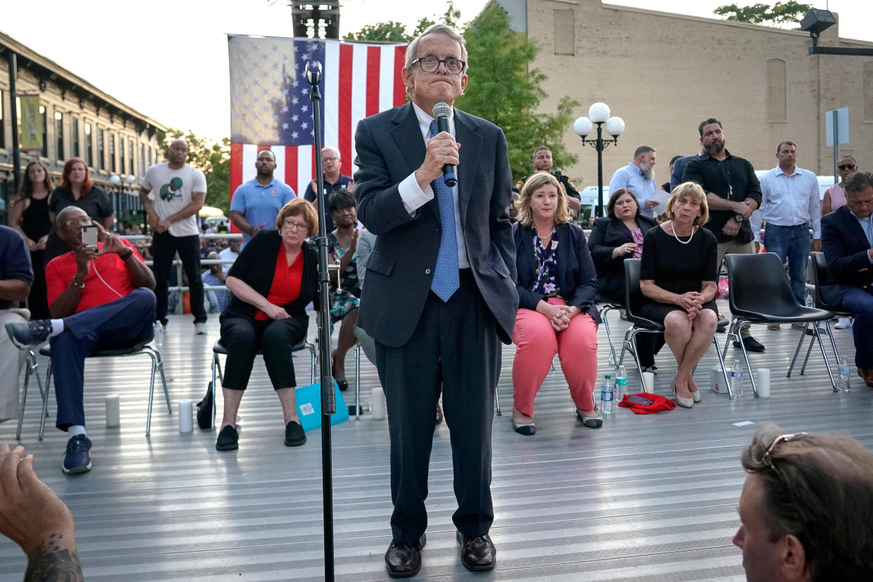 Ohio Governor Mike DeWine reacts as vigil attendees shout "Do Something" while he was speaking at a vigil at the scene after a mass shooting in Dayton, Ohio on August 4, 2019. (Photo: Bryan Woolston/Reuters)