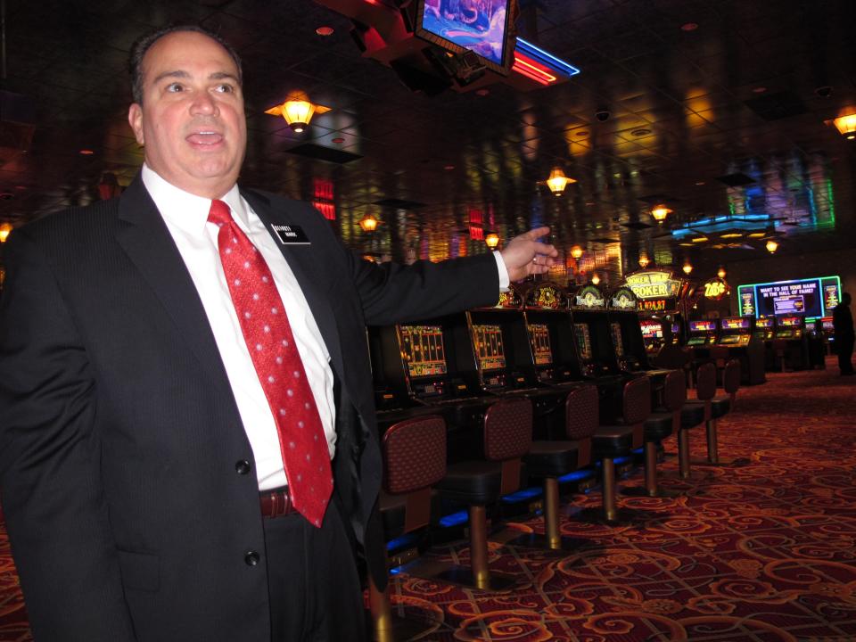 Mark Giannantonio, the new president of Resorts Casino Hotel, discusses the $60 million in renovations and expansion at the Atlantic City N.J. casino in Atlantic City Wednesday Jan. 2, 2013. Behind him on the casino floor is a slots area slated for renovation. (AP Photo/Wayne Parry)