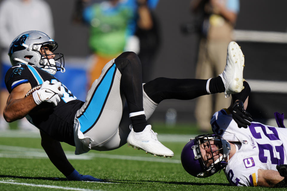 Carolina Panthers wide receiver Brandon Zylstra (16) makes the catch over Minnesota Vikings safety Harrison Smith (22) during the second half of an NFL football game, Sunday, Oct. 17, 2021, in Charlotte, N.C. (AP Photo/Jacob Kupferman)