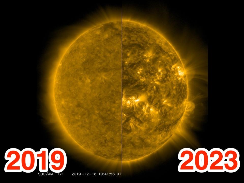 Side by side annotated pictures show the sun in 2019 and 2023. The sun looks a lot quieter 4 years ago, now it is bursting with eruptions and turmoil.