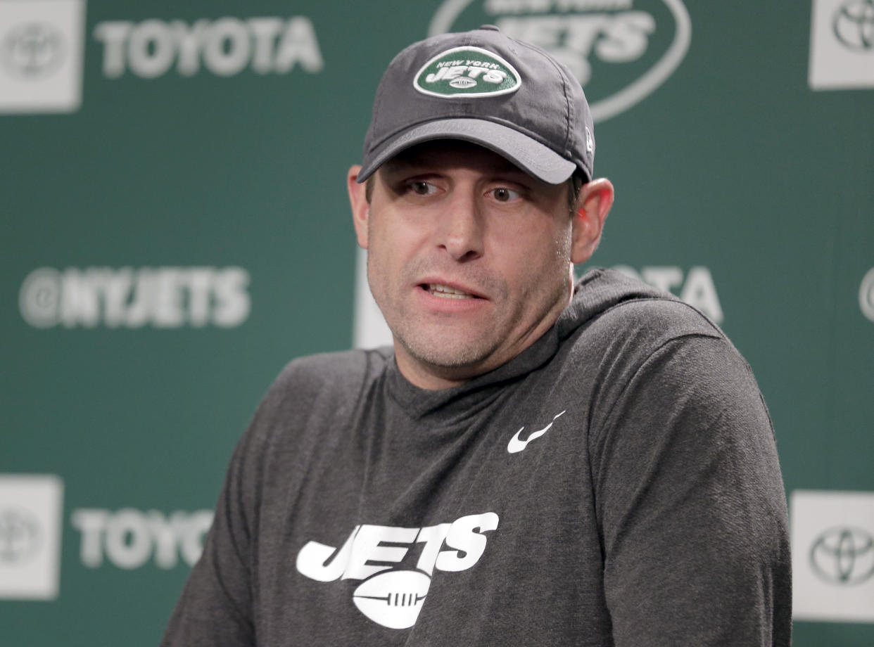 New York Jets head coach Adam Gase takes questions from reporters before the NFL football team's practice in Florham Park, N.J., Thursday, May 23, 2019. (AP Photo/Seth Wenig)