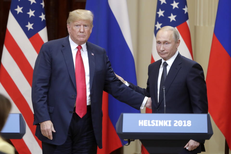 President Trump and Russia’s Vladimir Putin give a joint news conference following their meeting. (Photo: Mikhail Metzel\TASS via Getty Images)