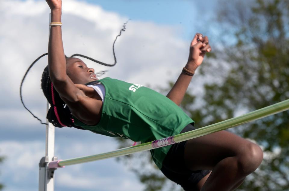 St. Mary's Fekei George competes in the girls high jump during a track meet at Tokay in Lodi on Thursday, Mar. 29, 2023. Athletes from Tokay, Lodi, St. Mary's and West high schools competed in the event. CLIFFORD OTO/THE STOCKTON RECORD