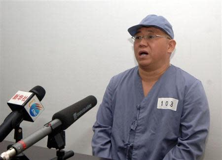 Kenneth Bae, a Korean-American Christian missionary who has been detained in North Korea for more than a year, appears before a limited number of media outlets in Pyongyang in this undated photo released by North Korea's Korean Central News Agency (KCNA) on January 20, 2014. REUTERS/KCNA