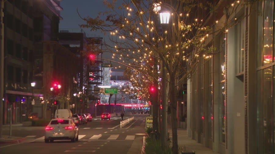 More than 10,000 feet of string lights have been installed on 11th street in downtown Los Angeles between Broadway and L.A. Live. Local businesses and city officials are hopeful the lights will be in revitalizing DTLA. The lights were lit up on April 8, 2024. (KTLA)