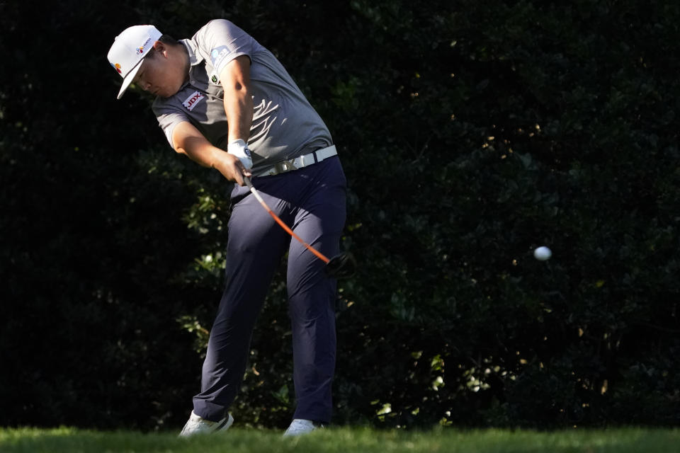 Sungjae Im, of South Korea, tees off on the seventh hole during the second round of the Masters golf tournament Friday, Nov. 13, 2020, in Augusta, Ga. (AP Photo/Charlie Riedel)