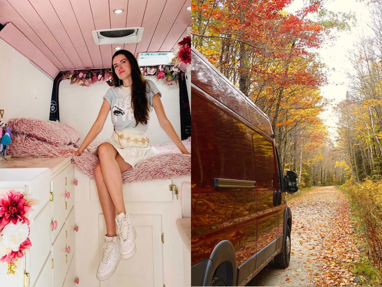side-by-side photos of Delury's RV — one of the exterior and one of the interior