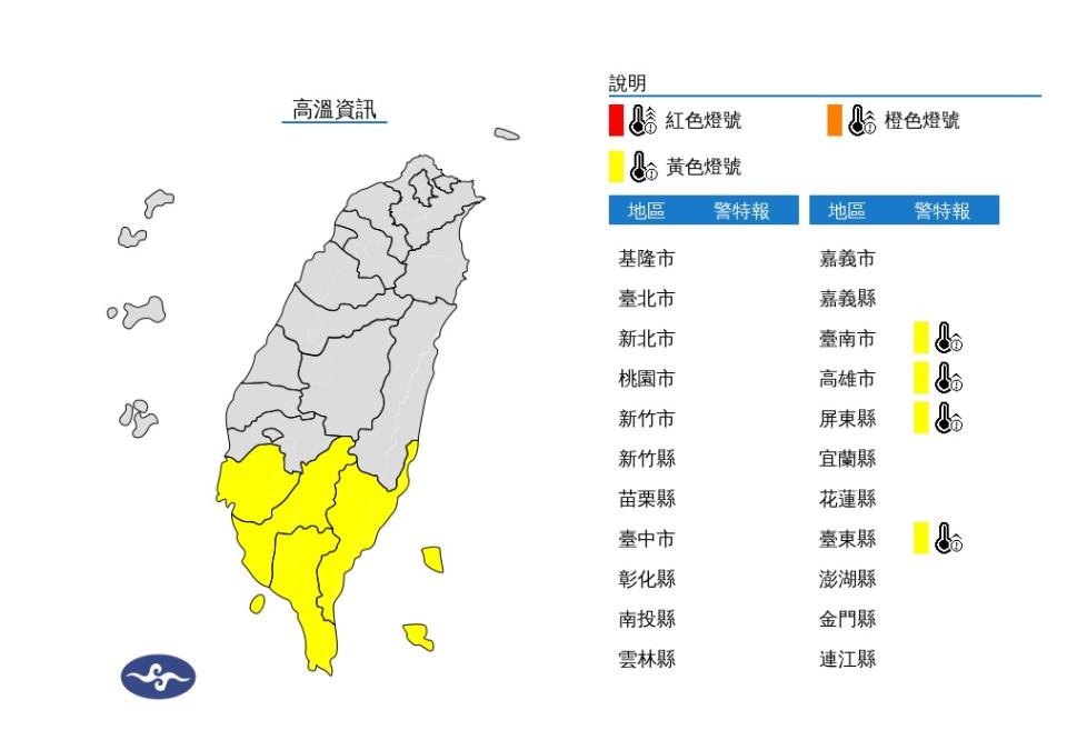 天氣高溫炎熱，臺東縣有焚風發生的機率，中午前後臺南市、高雄市、屏東縣、臺東縣為黃色燈號，請注意。（圖：氣象署網站）