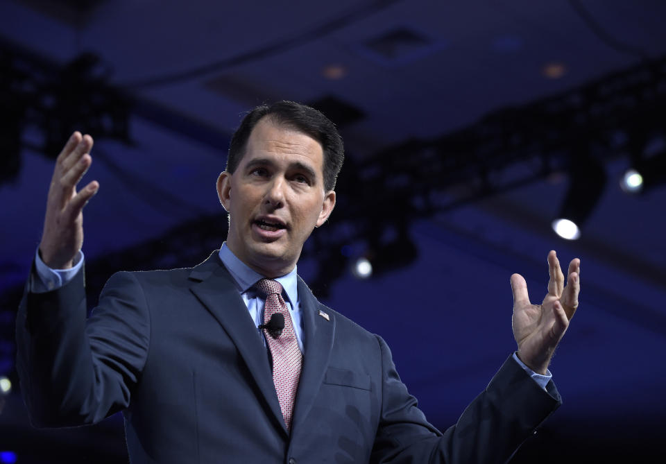FILE - In this Feb. 23, 2017 file photo, Wisconsin Gov. Scott Walker speaks at the Conservative Political Action Conference (CPAC) in Oxon Hill, Md. Walker won the Republican primary in Wisconsin on Tuesday, Aug. 14, 2018, dispensing nominal opposition as he mounts bid for a third term. (AP Photo/Susan Walsh, File)