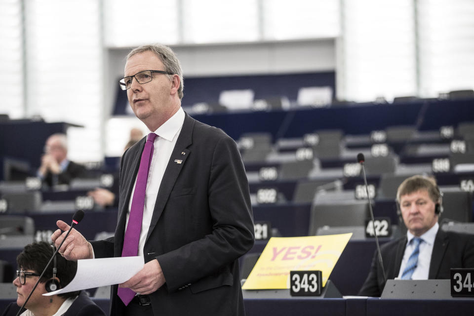 Axel Voss, Member of the European Parliament and rapporteur of the copyright bill, speaks at the European Parliament in Strasbourg, France, Tuesday March 26, 2019. The European Parliament is furiously debating the pros and cons of a landmark copyright bill one last time before the legislature will vote on it later. (AP Photo/Jean-Francois Badias)