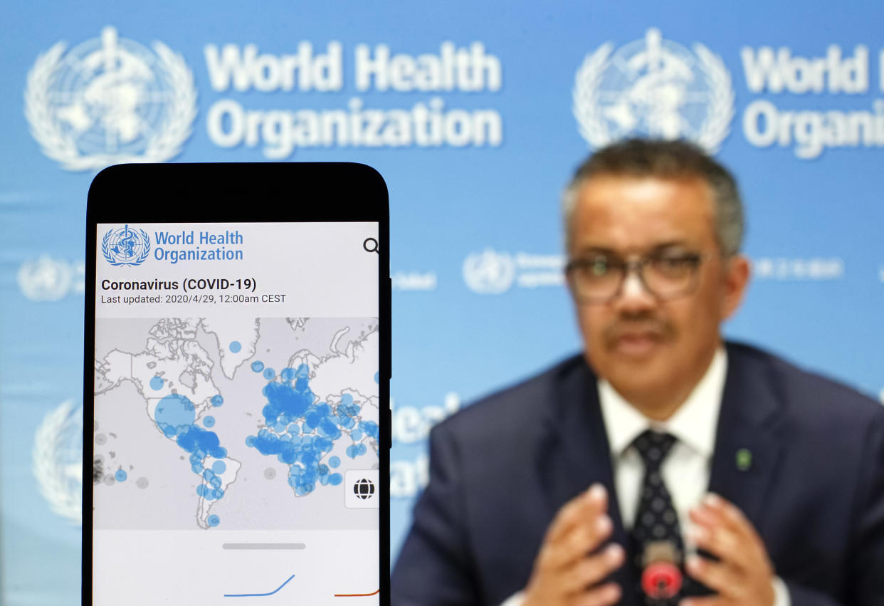  In this photo illustration the World Health Organization (WHO) Director General Tedros Adhanom Ghebreyesus is seen on a screen of pc and a WHO coronavirus cases map displayed.
The number of the COVID-19 coronavirus confirmed cases in the United States exceeded one million and exceeded three million in the world, according of COVID-19 Dashboard by the Center for Systems Science and Engineering (CSSE) at Johns Hopkins University (JHU). The World Health Organization declared the coronavirus a global pandemic on 11 March 2020. (Photo by Pavlo Gonchar / SOPA Images/Sipa USA) 