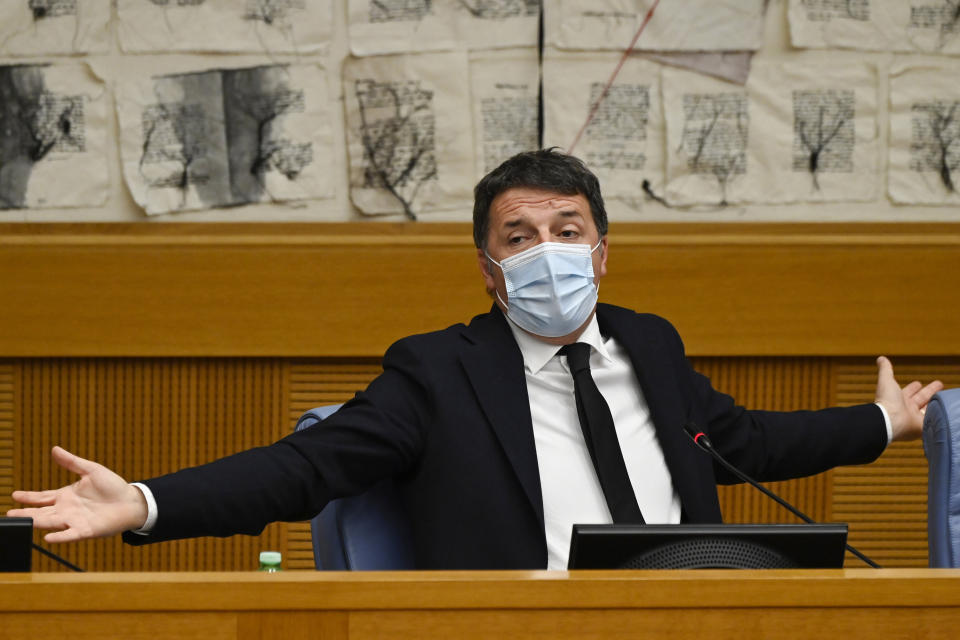 Italian Senator, former premier and head of the political party 'Italia Viva' (IV), Matteo Renzi holds a press conference at the Italian Chamber of Deputies in Rome, Wednesday, Jan. 13, 2021. The Italian cabinet was in crisis on January 13, 2021 following the resignations of ministers Teresa Bellanova and Elena Bonetti, members of former premier Matteo Renzi's Italia Viva party. (Alberto Pizzoli/pool via AP)