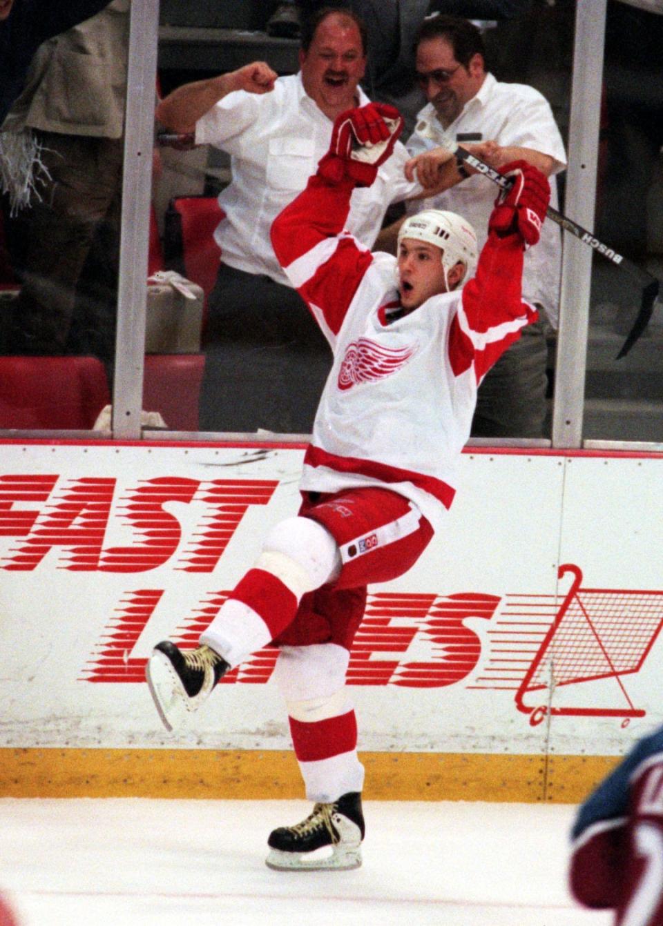 Slava Kozlov celebrates his goal during the second period against the Avalanche at Joe Louis Arena in Game 4.