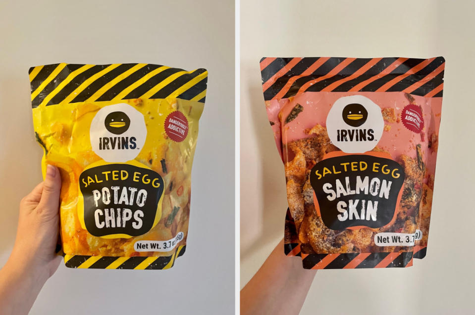 Two photos showing a bag of potato chips and salmon skin chips