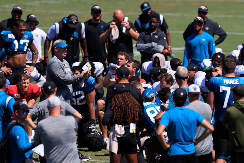 Jacksonville Jaguars head coach Doug Pederson talks to players after practice after training camp Monday, Aug. 7, 2023 at Miller Electric Center at EverBank Stadium in Jacksonville, Fla. This was the 11th day of training camp. 