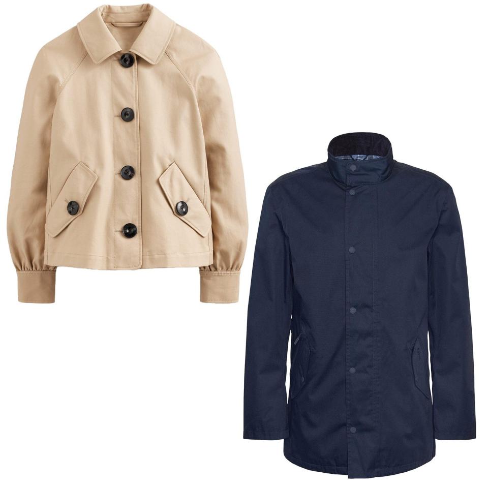 Women: Cropped trench jacket, £155, Boden; Men: City Chelsea waterproof jacket, £209. Barbour