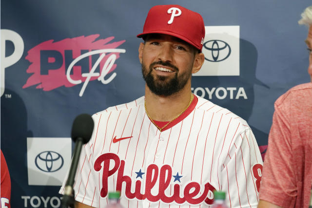 PHILADELPHIA, PA - JUNE 05: Philadelphia Phillies left fielder Nick  Castellanos (8) makes a catch during the Major League Baseball game between  the Philadelphia Phillies and the Los Angeles Angels on June