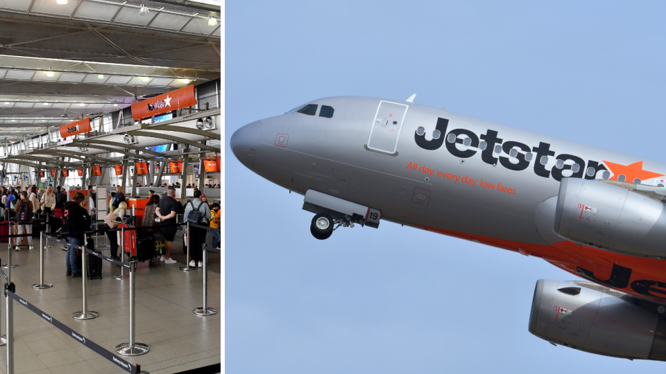 A composite image of people lining up at a Jetstar checkin at the airport and a Jetstar plane.