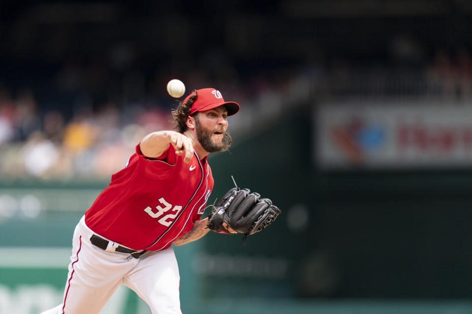Washington Nationals starting pitcher Trevor Williams delivers during the second inning of a baseball game against the Oakland Athletics, Sunday, Aug. 13, 2023, in Washington. (AP Photo/Stephanie Scarbrough)