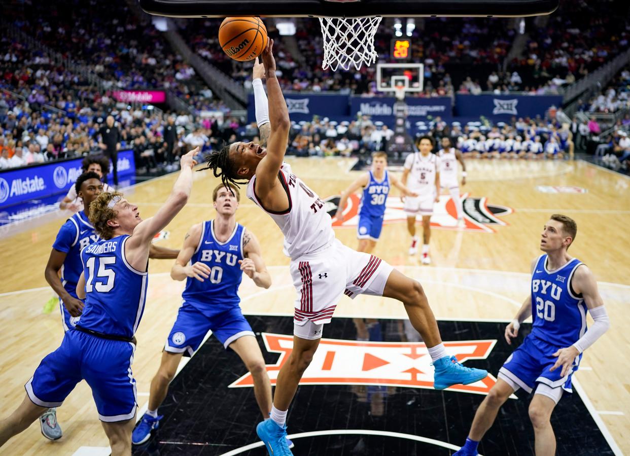 Chance McMillian #0 of Texas Tech shoots against against BYU during the second half of a quarterfinal game of the Big 12 Men's Basketball Tournament at T-Mobile Center on Thursday, March 14, 2024 in Kansas City, Missouri.