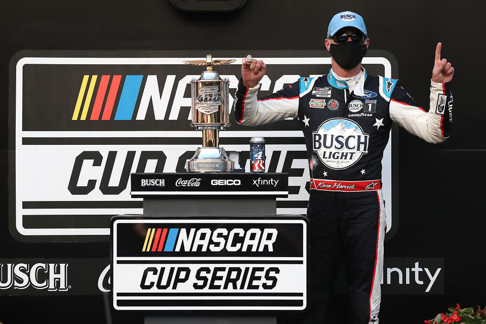 INDIANAPOLIS, INDIANA - JULY 05:  Kevin Harvick, driver of the #4 Busch Light Patriotic Ford, celebrates winning the NASCAR Cup Series Big Machine Hand Sanitizer 400 Powered by Big Machine Records at Indianapolis Motor Speedway on July 05, 2020 in Indianapolis, Indiana. (Photo by Chris Graythen/Getty Images)