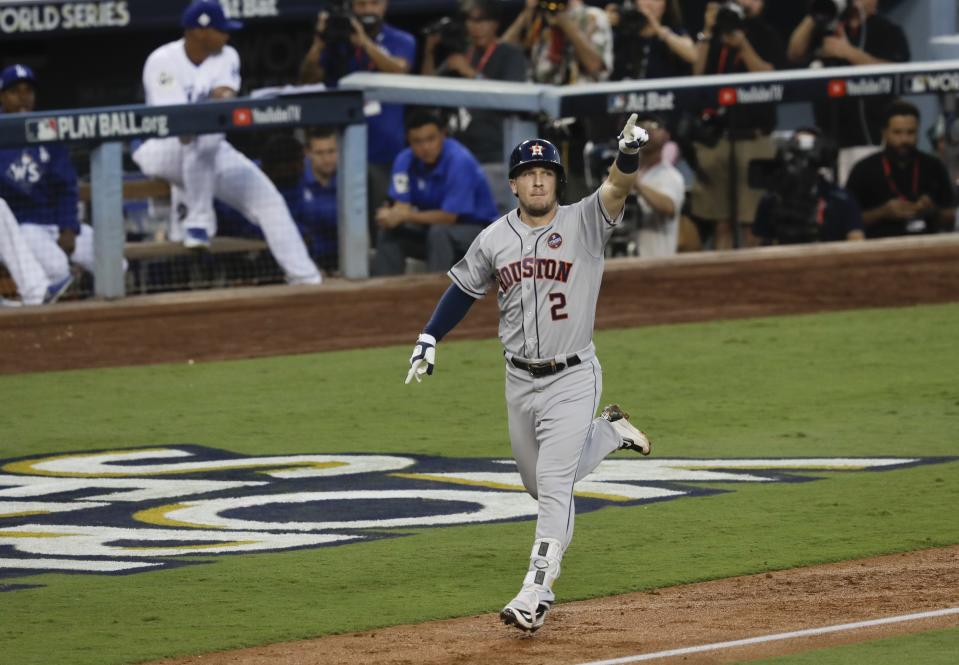 <p>Houston Astros’ Alex Bregman reacts after hitting a home run during the fourth inning of Game 1 of baseball’s World Series against the Los Angeles Dodgers Tuesday, Oct. 24, 2017, in Los Angeles. (AP Photo/Alex Gallardo) </p>