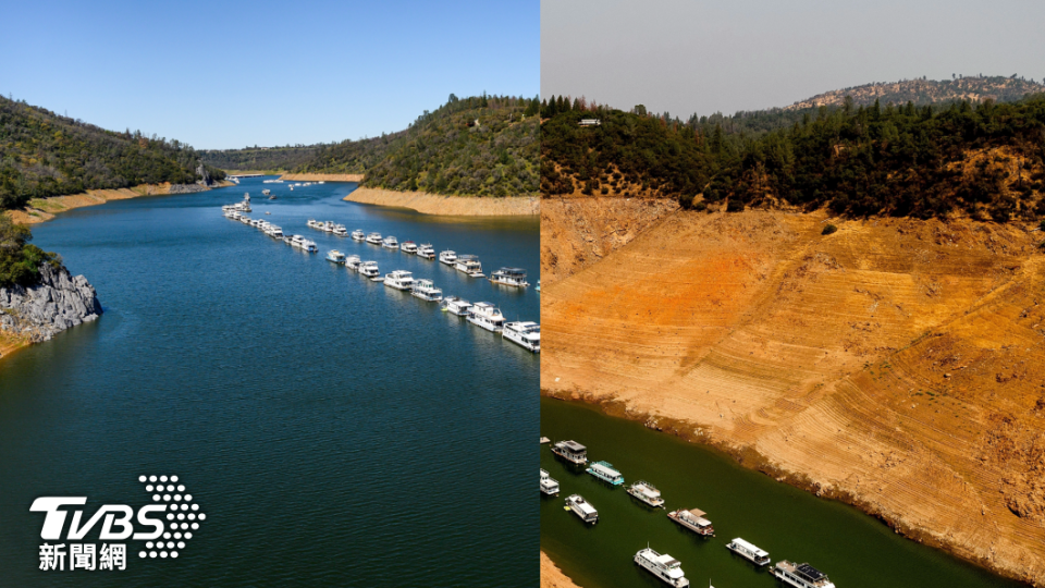 奧羅維爾湖一處河道，在枯水時期，水位嚴重下降（右圖）；進帳大量雨水後（左圖），船隻隨河道上漲。（圖／達志影像美聯社）