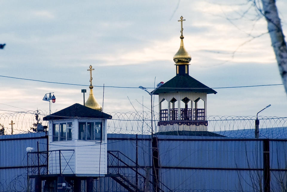 FILE - Penal Colony No. 2, known for its particularly harsh conditions, is seen in Pokrov, in the Vladimir region, 85 kilometers (53 miles) east of Moscow, Russia, on Feb. 28, 2021. Former inmates, their relatives and human rights advocates paint a bleak picture of Russia’s prison system that is descended from the USSR's gulag. For political prisoners, life inside is a grim reality of physical and psychological pressure. (AP Photo/Kirill Zarubin, File)