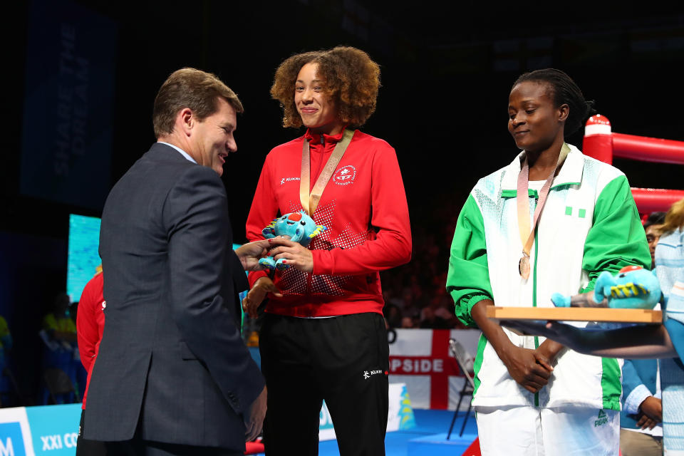 GOLD COAST, AUSTRALIA - APRIL 14:  Medal ceremony for Silver medalist Caitlin Parker of Australia, Gold medalist Lauren Price of Wales, Bronze medalists Tammara Thibeault of Canada and Millicent Agboegbulem of Nigeria during the medal ceremony for the women's 75kg Boxing on day 10 of the Gold Coast 2018 Commonwealth Games at Oxenford Studios on April 14, 2018 on the Gold Coast, Australia.  (Photo by Chris Hyde/Getty Images)