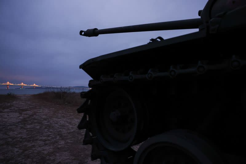 Retired military tanks can be seen on the beach in Kinmen