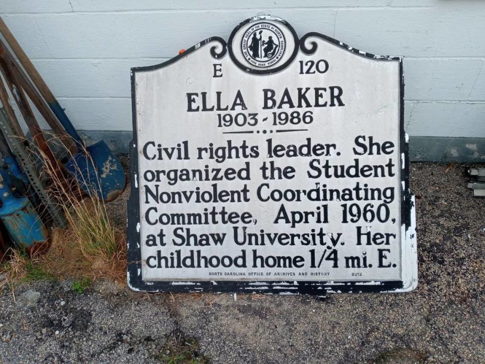 The N.C. Highway Historical Marker Program remains paused waiting for funding from the state Department of Transportation. A maintenance backlog includes replacing this damaged marker for Civil Rights leader Ella Baker in Littleton.