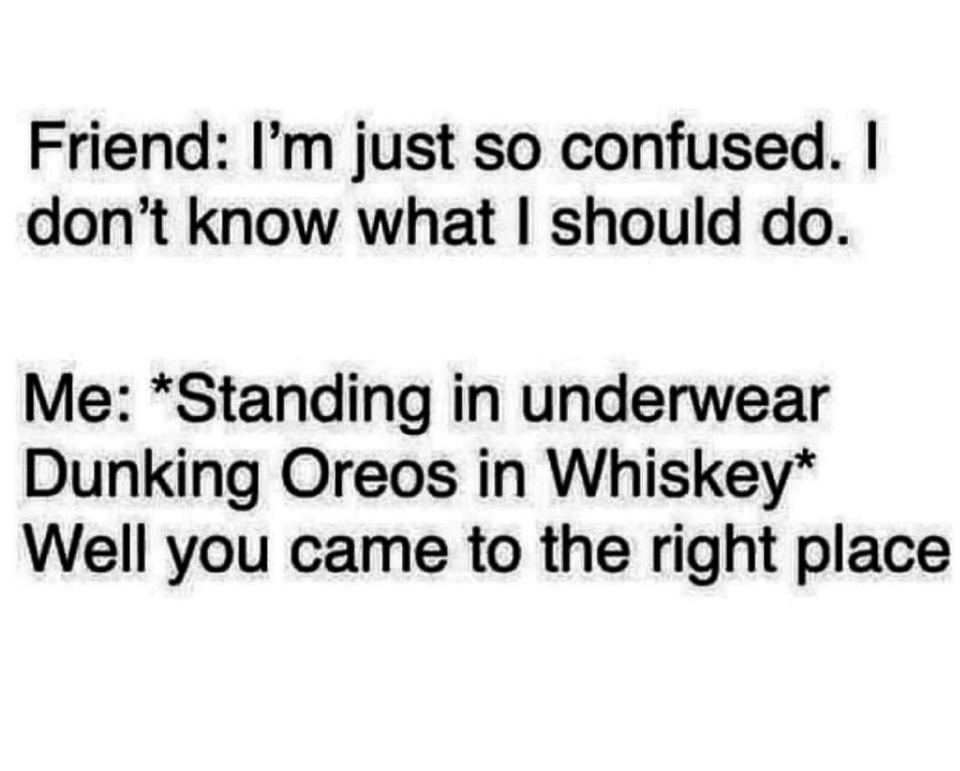 Friend: "I'm just so confused, I don't know what I should do," Me: standing in underwear dunking oreos in whiskey "well you came to the right place"