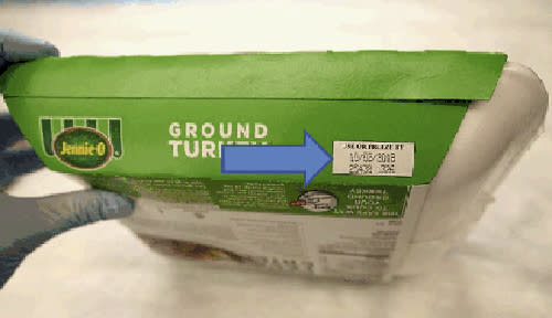 This image provided by Hormel Foods on Friday, Nov. 16, 2018 shows the production code information on the side of the sleeve of Jennie-O-Turkey that is being recalled. Jennie-O-Turkey is recalling more than 91,000 pounds of raw turkey in an ongoing salmonella outbreak. Regulators say additional products from other companies could be named as their investigation continues. The products being recalled include 1-pound packages of raw, ground turkey and were shipped to retailers nationwide. Regulators say the product should be thrown away and not eaten. (Hormel Foods via AP)